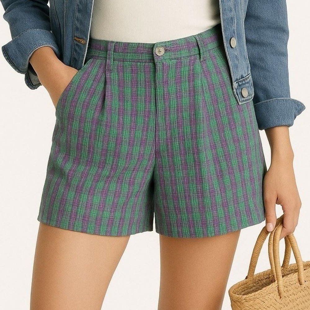 Woolrich Shorts Vintage Plaid High‎ Rise Pleated 30" Green Purple Cotton Short